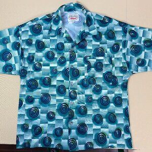 Steelhead Blue Geometric Fish Trout Print Short Sleeve Button Down Shirt - Large